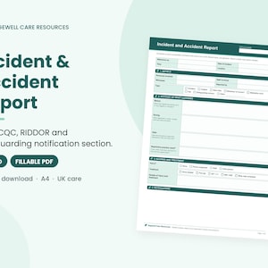 以下が含まれることがあります： Sagewell Care Resourcesによるインシデントおよび事故報告書のテンプレート。この文書には、インシデントの詳細、出来事の記録、負傷、治療、通知に関するセクションが含まれており、Word形式および入力可能なPDF形式で提供されています。