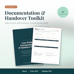 Pode incluir: Um kit de ferramentas de documentação e passagem de turno com 27 modelos. A capa é verde-azulado escuro com texto em branco: Volume 1, Documentation & Handover Toolkit, e Daily records, shift handover, monitoring and audits.
