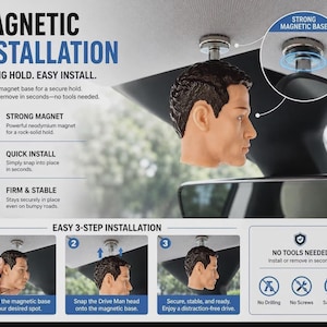 May include: A car accessory featuring a realistic human head figurine with dark hair, designed for magnetic installation on a vehicle ceiling. The product includes a strong magnetic base, allowing for quick, tool-free attachment and removal.