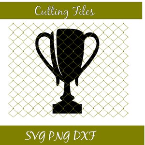 May include: Black silhouette of a trophy with two handles. The trophy is dripping with a liquid, possibly a melted substance. The image is set against a green and white checkered background. The text "Cutting Files" is at the top of the image and "SVG PNG DXF" is at the bottom.