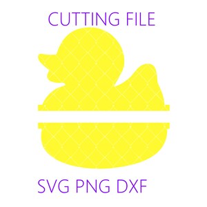 Puede incluir: Un diseño de pato de goma amarillo con un patrón de cuadrícula, dividido horizontalmente. El texto "CUTTING FILE" está encima del pato y "SVG PNG DXF" debajo, todo en morado. Adecuado para proyectos de manualidades digitales.