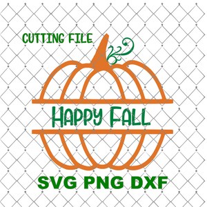 May include: An orange pumpkin design with the words "CUTTING FILE" above and "HAPPY FALL" in the center. Below, the text reads "SVG PNG DXF". The design is suitable for fall-themed crafts.