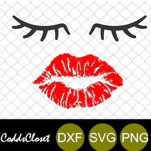 Könnte beinhalten: Ein roter Lippenstift-Kussabdruck mit geschlossenen Augen und Wimpern darüber. Das Bild hat einen weißen Hintergrund mit einem schwarzen Gittermuster.
