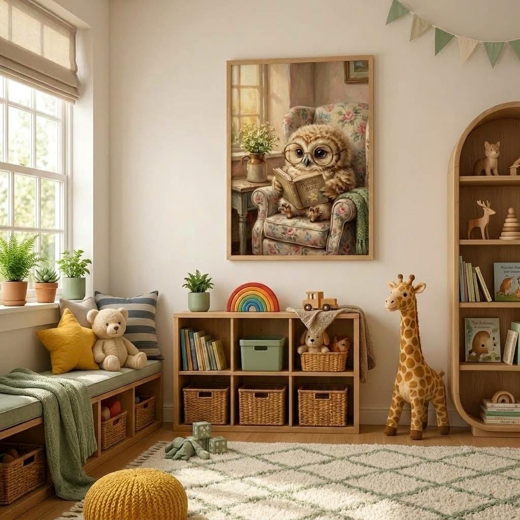 Reading Baby Owl Nursery Wall Art, Cozy Storybook Woodland Decor, Baby Shower Gift