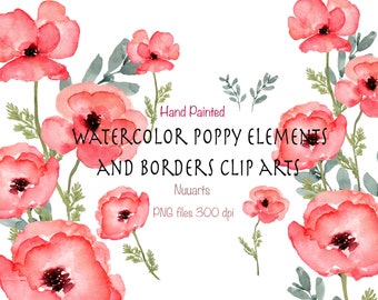 Poppy Watercolor Clipart, Red Floral Bouquet Border and Elements Hand painted Clip Art Small License No Credit Required