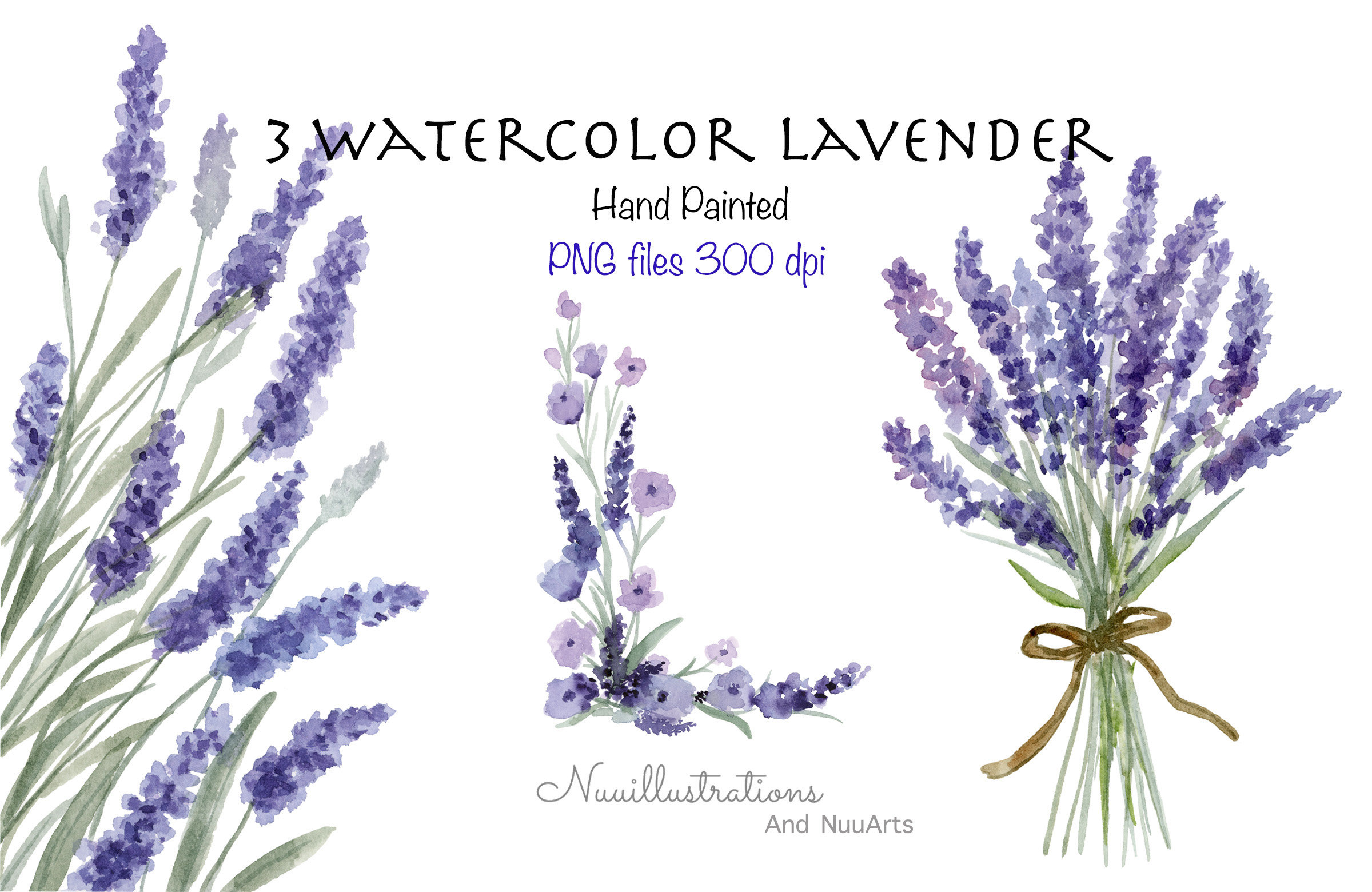 Lavender Flower Clipart Watercolor Purple Lilac Floral, Bouquet Border Frame Hand painted Clip Art Small License No Credit Required