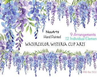 Wisteria Flower Clipart, Watercolor Purple Lilac Floral Clip Art, Bouquet Border Frame Hand painted, 9 Arrangements and 12 Loose Elements