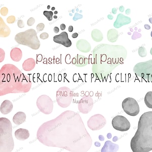 Cat Dog Paw Print Clipart Animal Pet Footprints Colorful Pastel Watercolor Clip Art, Graphic Elements Download, PNG Files - Small License