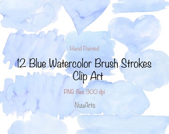 Blue Shapes Brush Strokes Watercolor Splotches Hand Painted Clipart, Graphic Elements for Download, PNG Files