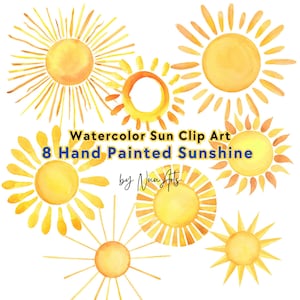 Sun Watercolor Summer Sunshine Clipart, Hand painted Sunny Weather Climate Clip Art, Yellow Nursery Decoration PNG Files