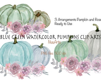 Pumpkin and Flower Clipart Arrangement Autumn Fall Designs Watercolor  Clip Art in Pastel Blue and Green with Pink Roses - Small License