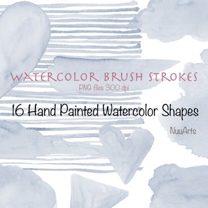 Dusty Blue Watercolor Clipart Geometric and Heart Shapes Splash Splotches Brush Strokes Background, Graphic Elements for Download, PNG Files