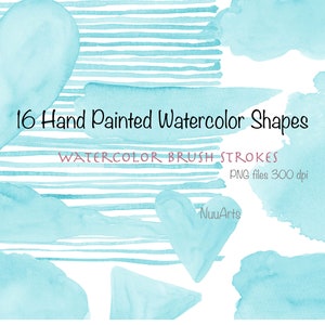 Mint Green Watercolor Clipart Geometric and Heart Shapes Splash Splotches Brush Strokes Background, Graphic Elements for Download, PNG Files