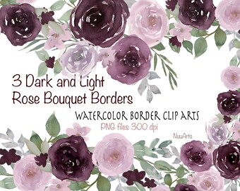 Rose Bouquet Borders Clipart, 3 Watercolor Dark Reddish Brown and Pink Roses Floral Clip Art Hand painted, 3 Arrangements Ready to Use