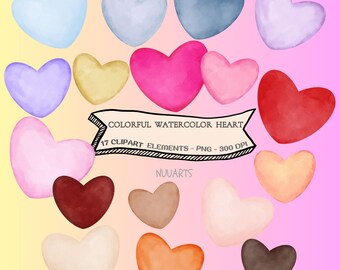 Clipart akwarelowy serce - Walentynki - Kolorowy pastelowy kształt serca. Ręcznie malowany clipart w 17 pastelowych kolorach Pliki PNG - 6&quot;