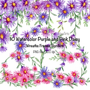 Lila und Pinke Blumen Clipart: Handgemaltes Florales Wilde Blume Gänseblümchen Arrangement, Blumenstrauß, Ecke, Rahmen
