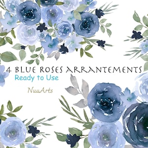 Blue Rose Clipart, Watercolor Floral Clip Art Bouquet Border Hand painted, 4 Arrangements Ready to Use PNG Small License No Credit Required