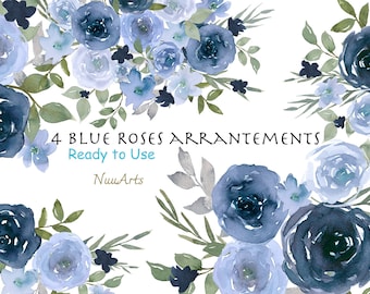 Blue Rose Clipart, Watercolor Floral Clip Art Bouquet Border Hand painted, 4 Arrangements Ready to Use PNG Small License No Credit Required
