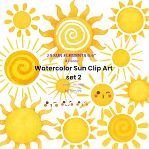 Sun Watercolor Clipart Collection 24 Sunshine with DIY Face, Sunny Weather Climate Clip Art, Yellow Nursery Summer Sun Clip Art