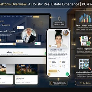 May include: A digital display showing the LuxeEstate platform on a desktop monitor and a mobile phone. The interface features real estate listings, agent profiles, and service icons including Expert Market Insights and Online Booking System.