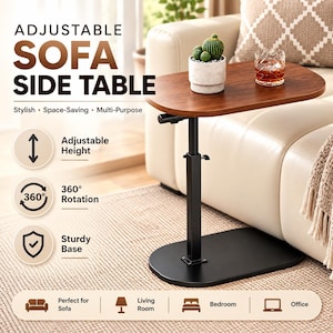 May include: An adjustable sofa side table with a dark wood-grain oval top and a black metal frame. The table features a sturdy base, 360-degree rotation, and height adjustment. Text on the image reads: ADJUSTABLE SOFA SIDE TABLE.
