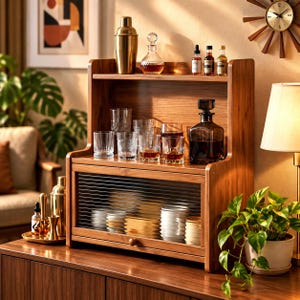May include: A wooden bar cabinet with a sliding fluted glass door, featuring an open top shelf holding a gold cocktail shaker, a crystal decanter, and various glass bottles. The lower section contains several clear drinking glasses.