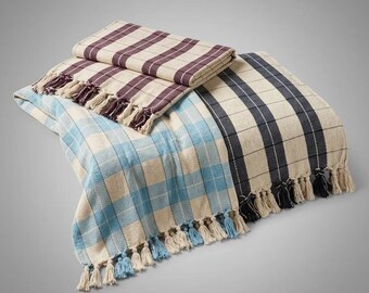Handloom Woven Cotton Plaid Throw Blanket, King Size, Boho Farmhouse Decor (79x94 inches)
