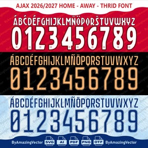 Może przedstawiać: Cyfrowy zestaw czcionek zatytułowany AJAX 2026/2027 HOME - AWAY - THRID FONT, wyświetlający trzy rzędy wielkich liter A-Z i cyfr 0-9 w kolorze białym, pomarańczowym i ciemnoniebieskim, z ikonami formatów plików SVG, AI, PDF, PNG i OTF na dole.