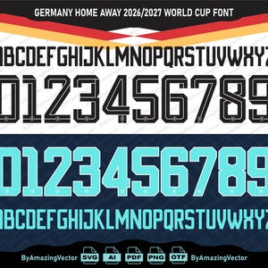 Puede incluir: Un conjunto de fuentes digitales titulado GERMANY HOME AWAY 2026/2027 WORLD CUP FONT. Muestra el alfabeto en negro y azul claro, junto con dos series de números del 0 al 9, una en negro con contornos blancos y otra en azul claro sólido.