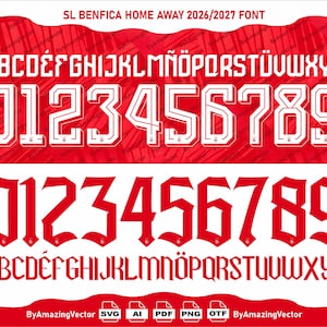 Pode incluir: Um conjunto de fontes digitais intitulado SL BENFICA HOME AWAY 2026/2027 FONT apresentando letras e números brancos em bloco com contornos vermelhos, seguido por um segundo conjunto de números e letras vermelhos estilizados em fundo branco.