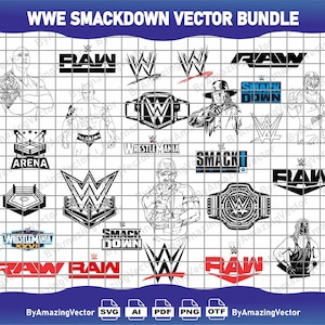 Pode incluir: Um pacote de vetores digitais com vários logotipos da WWE, cinturões de campeonato de luta livre e ilustrações de lutadores profissionais. A coleção inclui elementos de texto como RAW, SMACKDOWN e WRESTLEMANIA em um fundo de grade branco.