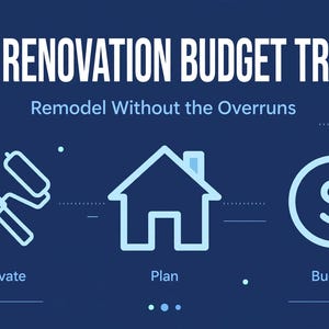Può includere: Una grafica digitale blu scuro intitolata HOME RENOVATION BUDGET TRACKER con il sottotitolo Remodel Without the Overruns. Presenta tre icone azzurre che rappresentano un martello e un rullo per verniciare, una casa e un simbolo del dollaro, etichettate come Renovate, Plan e Budget.