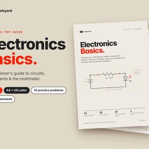 Op de afbeelding: Een printbare PDF-gids getiteld Electronics Basics met zwarte en rode tekst op een lichtbeige achtergrond. Het document bevat een schakelschema met een weerstand en LED, 14 pagina's, A4- en US Letter-formaten en 15 oefenopgaven.