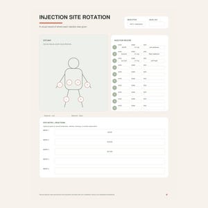 Pode incluir: Uma folha de registo de rotação de locais de injeção com o título Injection Site Rotation, um diagrama corporal com pontos de injeção marcados, uma tabela numerada para datas, doses e locais, e uma secção para notas e reações.