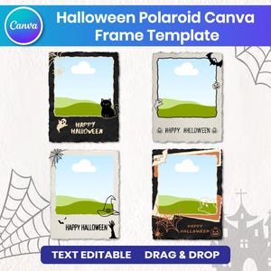 May include: Four rectangular Polaroid-style photo frames with Halloween themes. Each frame features a central area for images, decorated with illustrations of black cats, ghosts, bats, pumpkins, spiderwebs, and witch hats, with the text Happy Halloween.
