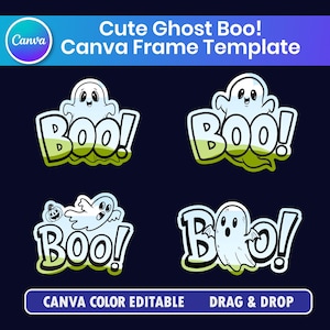 Op de afbeelding: Een digitale grafische set met vier verschillende spookillustraties met de tekst Boo! in een vetgedrukt lettertype. Elk ontwerp bevat een wit spookfiguur met zwarte ogen en mond, geplaatst tegen een donkere achtergrond met lichtgroene accenten.