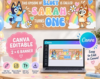 Editable Blue Dog 2x6 Birthday Banner Template | Canva Edit Girls Party Decor