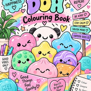 Può includere: Un libro da colorare Nee Doh con una scatola piena di personaggi colorati e sorridenti. La copertina include testi come Small Squishes Big Happiness, Squish Play Relax Repeat, Good Things Feel Squish e una lista con Colour, Imagine, Be Happy, Stay Squishy.