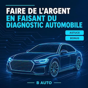Peut inclure: Un graphique numérique représentant une voiture berline en fil de fer bleu lumineux. Le texte indique FAIRE DE L'ARGENT EN FAISANT DU DIAGNOSTIC AUTOMOBILE, ASTUCE, BONUS et B AUTO. Le fond est une grille bleu foncé avec des lignes de circuit.