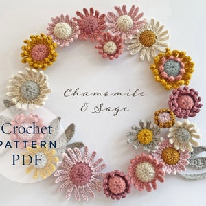 Crochet Pattern Chamomile & Sage crochet flowers and leaves - ready for immediate download - by CrochetObjet