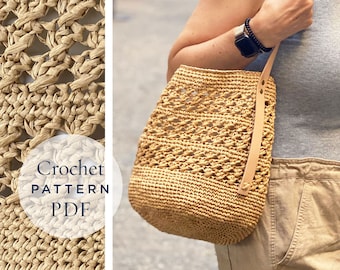 May include: A crochet bag pattern PDF. The image shows a close-up of the crochet stitch pattern and a woman carrying a crocheted bag.