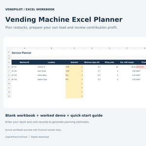 May include: A Vending Machine Excel Planner digital workbook featuring a Service Planner spreadsheet with columns for Machine ID, Location, Selected status, Minimum days left, Bring units, Est. refill margin, Priority, and Data quality.