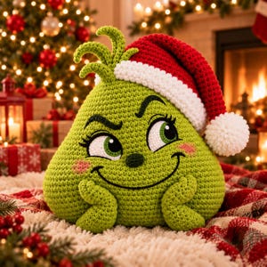Peut inclure: Une peluche au crochet vert lime en forme de goutte, présentant un visage souriant avec des yeux noirs brodés, des iris verts et des joues roses. La peluche porte un bonnet de Père Noël au crochet rouge et blanc avec un pompon blanc.