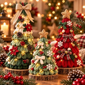 Peut inclure: Trois décorations de Noël en forme de sapin en tricot, chacune fixée sur un socle en bois circulaire. Ces sapins sont ornés de petites lumières LED, de nœuds en tissu, de pommes de pin, de baies rouges et de flocons de neige blancs.