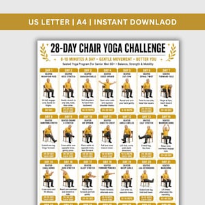 28 Day Chair Yoga Challenge For Men 60+ Printable, Digital Download, Seated Yoga Program Balance Strength Mobility, Home Fitness Poster PDF
