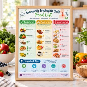Może przedstawiać: Oprawiona tablica edukacyjna zatytułowana Eosinophilic Esophagitis (EoE) Food List, zawierająca trzy oznaczone kolorami kolumny kategoryzujące żywność do spożycia, ograniczenia i unikania, wraz z ilustracjami produktów spożywczych, schematem medycznym i wskazówkami.