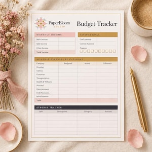 Op de afbeelding: Een wit papieren budgettracker-blad met gouden randen, voorzien van het PaperBloom Studio-logo, met secties voor maandelijks inkomen, spaardoelen, maandelijkse uitgaven per categorie en een onkostenoverzicht met kolommen voor datum en bedrag.