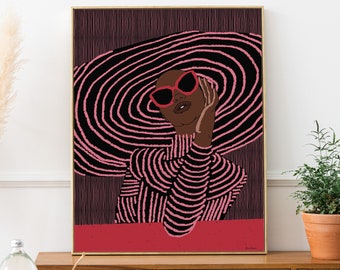 May include: A digital illustration of a person wearing a large pink and black striped sun hat and red sunglasses. The person is wearing a pink and black striped shirt. The background is a dark pink and black striped pattern.