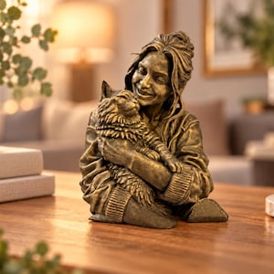 May include: A bronze-toned sculpture depicting a person with long hair pulled back, wearing a long-sleeved sweater, sitting while holding a fluffy cat close to their chest. The figure has a smiling expression and the cat has its eyes closed.