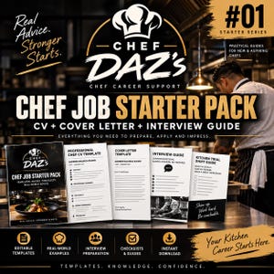 Può includere: Un pacchetto di avvio per il lavoro da chef Chef Daz's che include una raccolta di modelli professionali, tra cui un CV, una lettera di presentazione e una guida al colloquio. Il set contiene documenti stampati con testo, liste di controllo e guide per aspiranti chef, presentati in uno schema di colori nero e oro con titoli chiari.